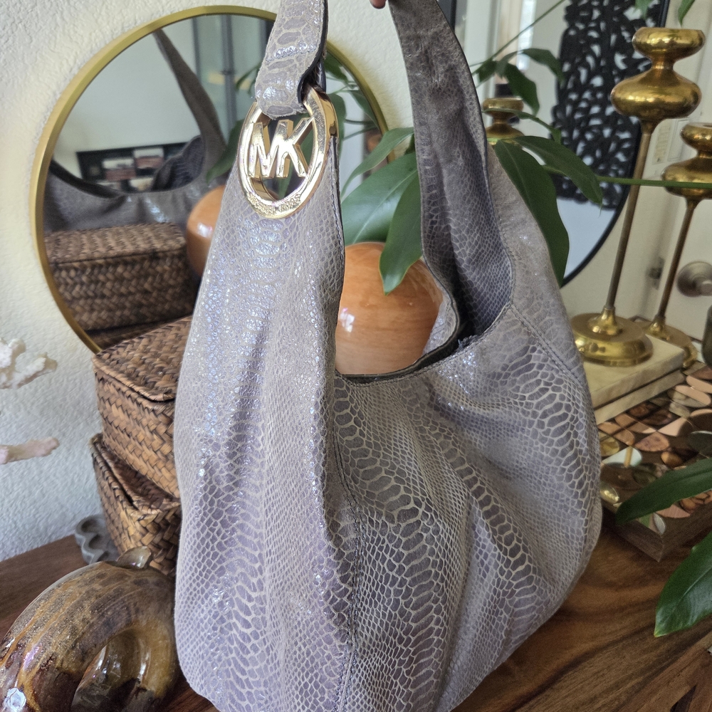Michael Kors Gray Snake-Embossed Hobo Bag